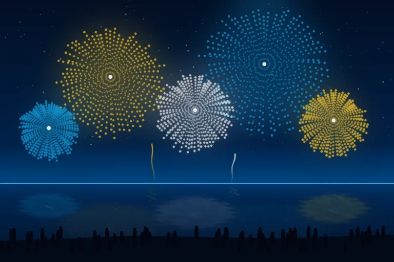 Ilustração de fogos de artifício coloridos sobre o mar à noite, com o público reunido na areia