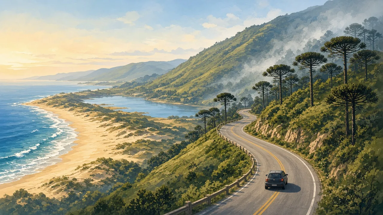 Ilustração de uma estrada sinuosa que sobe do litoral, com praia e lagoa, para a serra com araucárias e neblina