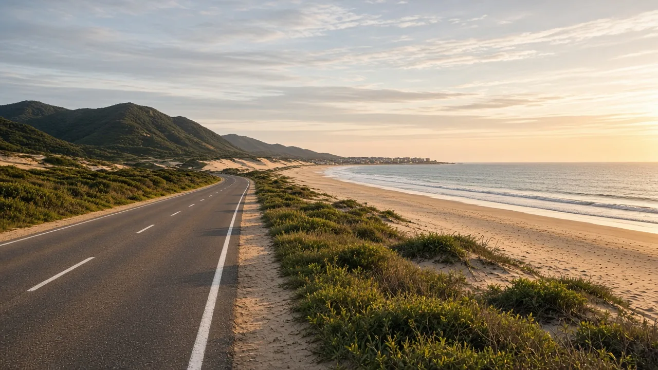 Estrada costeira entre dunas e o mar no Litoral Norte gaúcho, com morros verdes ao fundo no fim da tarde