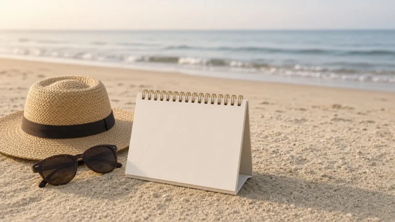 Calendário de mesa em branco ao lado de chapéu de palha e óculos de sol na areia, com o mar do Litoral Norte gaúcho ao fundo