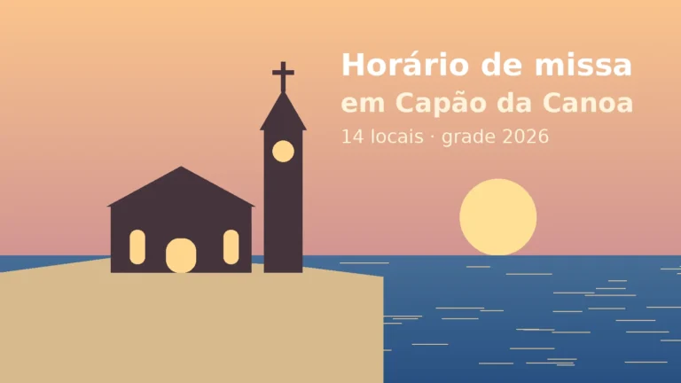 Ilustração de uma igreja com torre e cruz na beira da praia ao pôr do sol, com o texto Horário de missa em Capão da Canoa