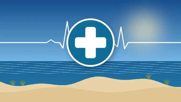 Ilustração de uma cruz médica branca sobre fundo azul com a linha do mar e as dunas do Litoral Norte gaúcho