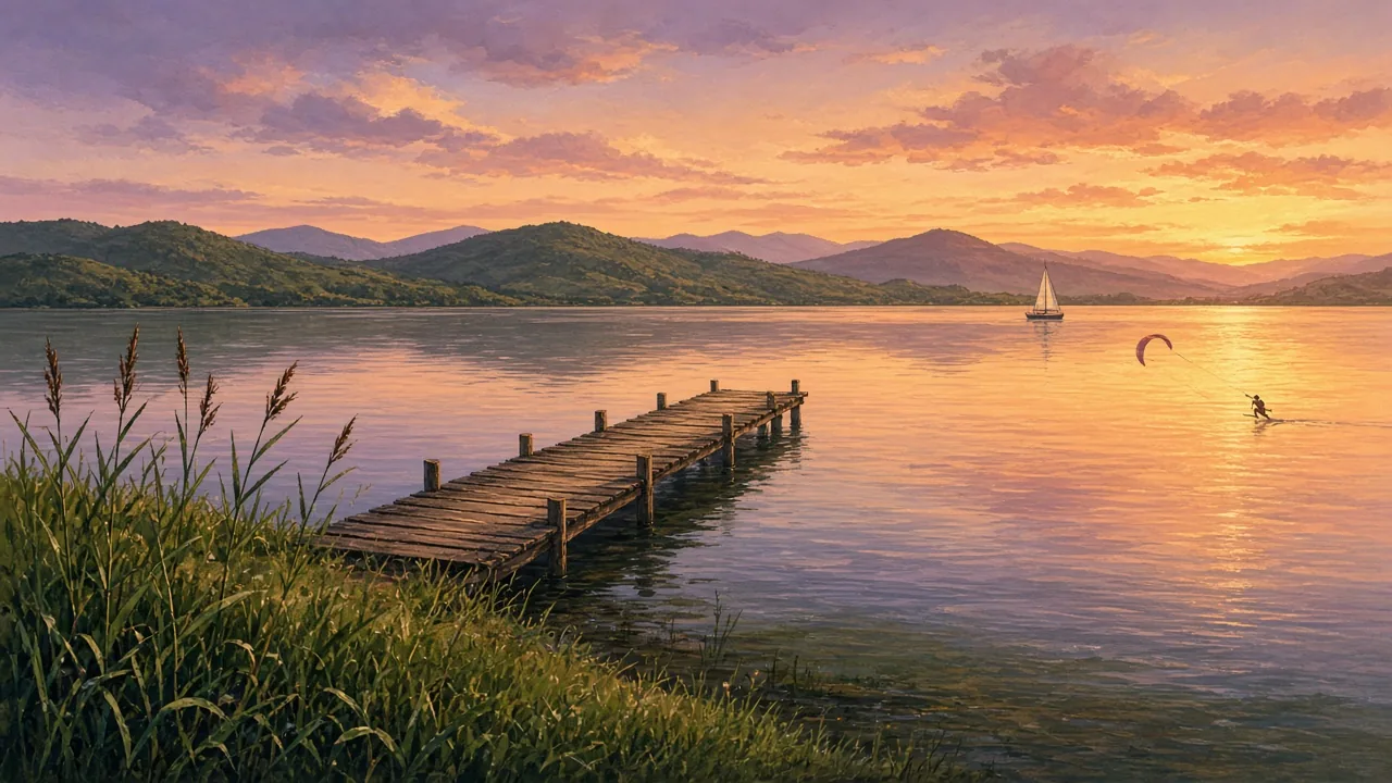 Ilustração da Lagoa dos Quadros ao pôr do sol, com um trapiche de madeira, juncos na margem, um veleiro e a serra ao fundo