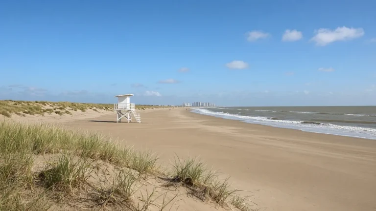 Faixa longa de areia com dunas baixas e guarita de guarda-vidas numa praia do Litoral Norte gaúcho em manhã de sol