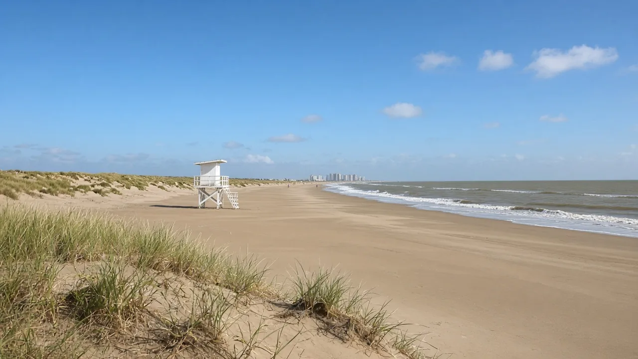 Faixa longa de areia com dunas baixas e guarita de guarda-vidas numa praia do Litoral Norte gaúcho em manhã de sol