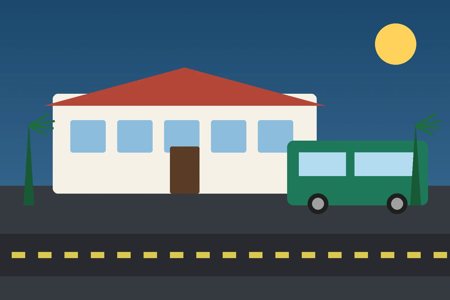 Ilustração de uma estação rodoviária com ônibus verde, telhado vermelho e palmeiras sob céu azul do Litoral Norte